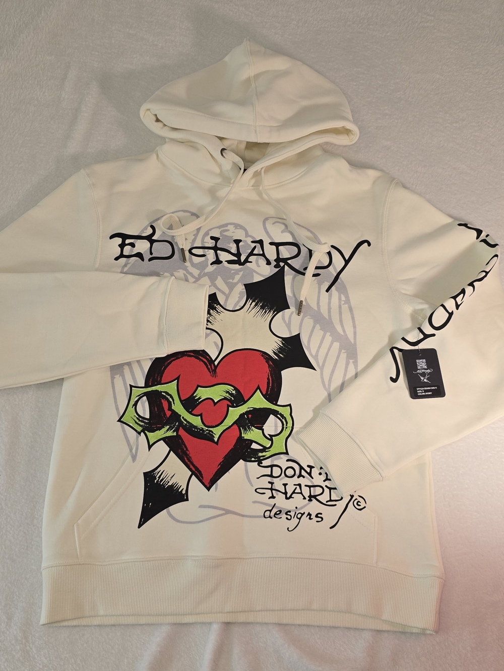 Ed Hardy Ivory Pullover Hoodie with Cross and Heart Tattoo Unisex Size S NWT